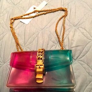 Purple and green with golden chain holder purse